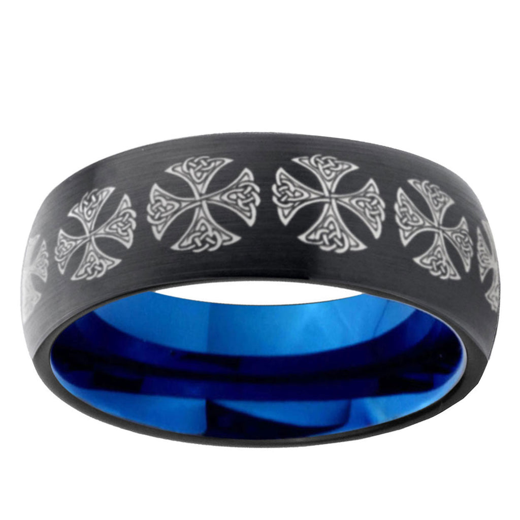 5mm Medieval Cross Two-Tone Classic Dome Black Blue Tungsten Engraved Ring