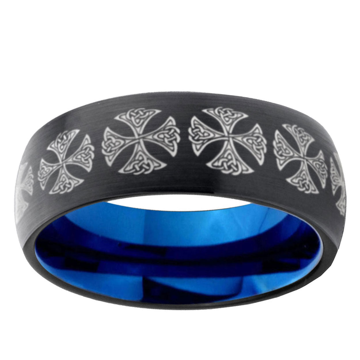5mm Medieval Cross Two-Tone Classic Dome Black Blue Tungsten Engraved Ring