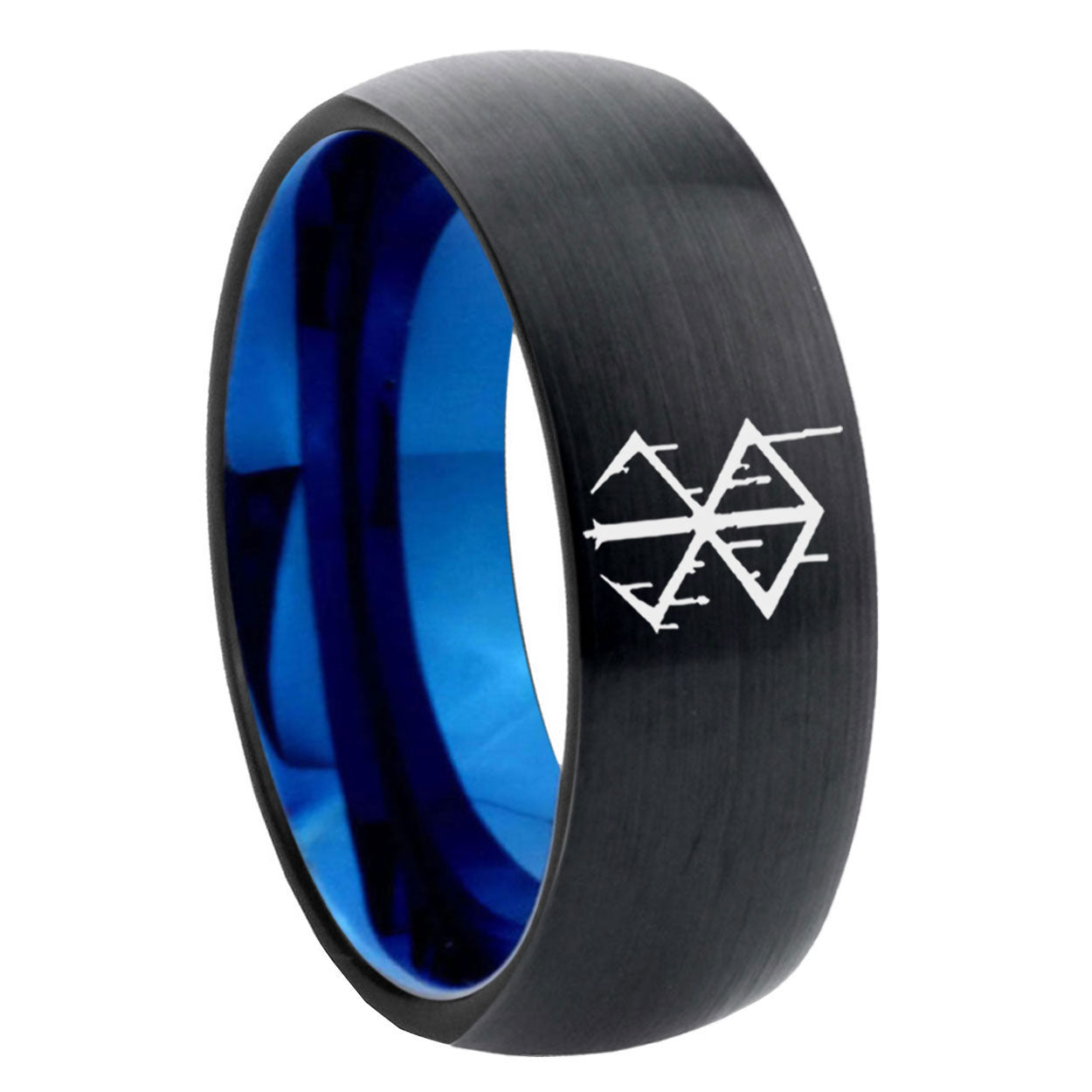 8mm Stigma Sangrando Berserk Inspired Two-Tone Classic Dome Black Blue Tungsten Engraved Ring