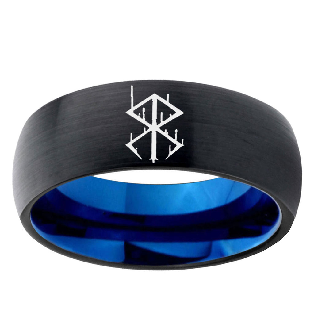 5mm Stigma Sangrando Berserk Inspired Two-Tone Classic Dome Black Blue Tungsten Engraved Ring