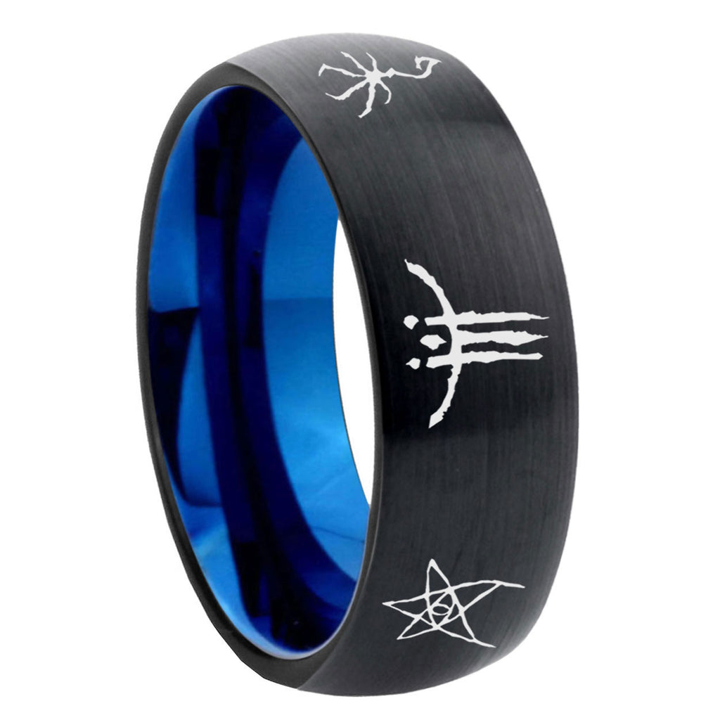 8mm Blackborne Caryll Runes Two-Tone Classic Dome Black Blue Tungsten Engraved Ring