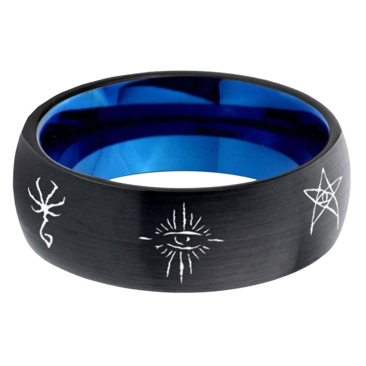 5mm Blackborne Caryll Runes Two-Tone Classic Dome Black Blue Tungsten Engraved Ring