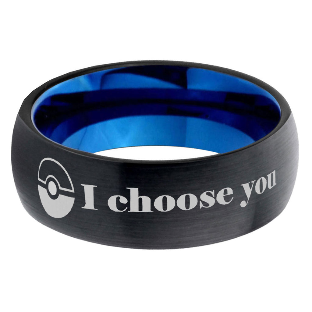 5mm Pokeball Pokemon Two-Tone Classic Dome Black Blue Tungsten Engraved Ring