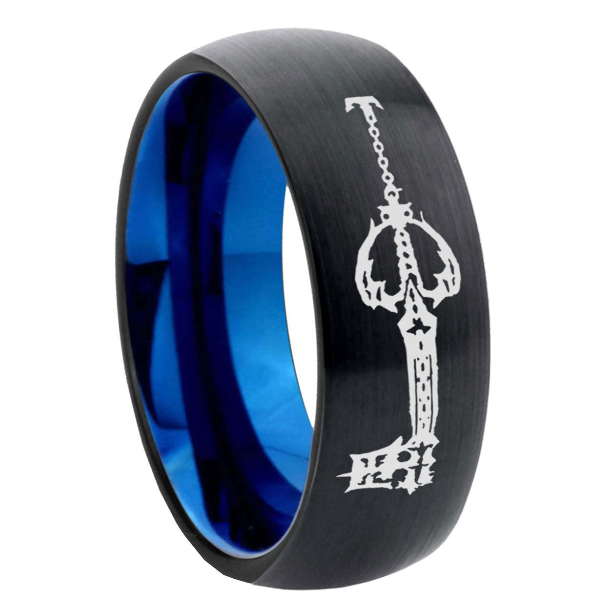 8mm kingdom heart keyblades Two-Tone Classic Dome Black Blue Tungsten Engraved Ring
