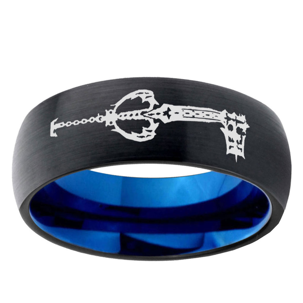 5mm kingdom heart keyblades Two-Tone Classic Dome Black Blue Tungsten Engraved Ring