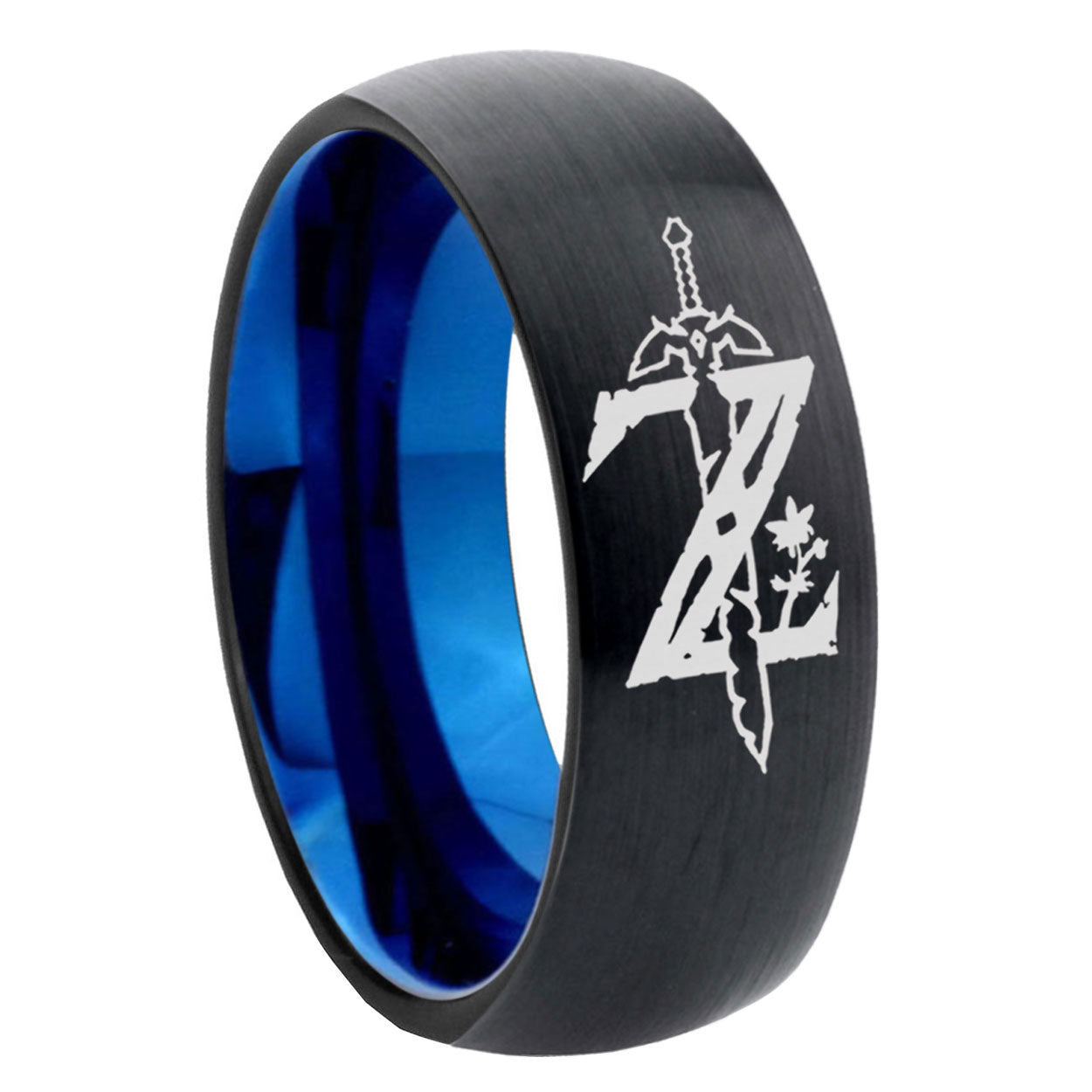 8mm Zelda Breath Of The Wild Two-Tone Classic Dome Black Blue Tungsten Engraved Ring