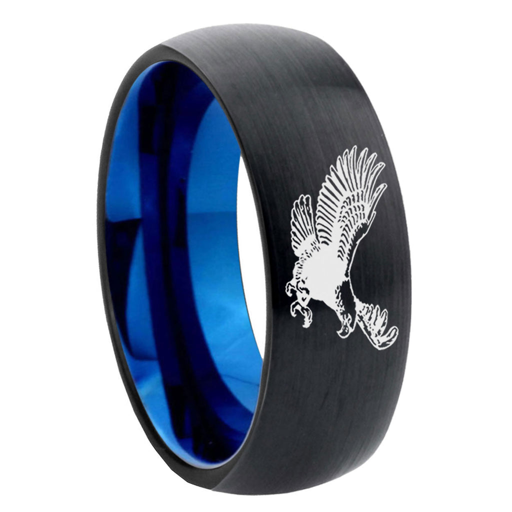 8mm Flying American Eagle Two-Tone Classic Dome Black Blue Tungsten Engraved Ring