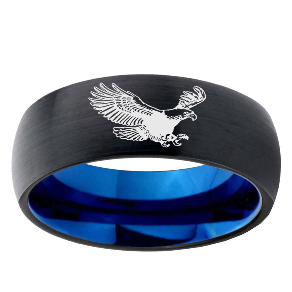 5mm Flying American Eagle Two-Tone Classic Dome Black Blue Tungsten Engraved Ring