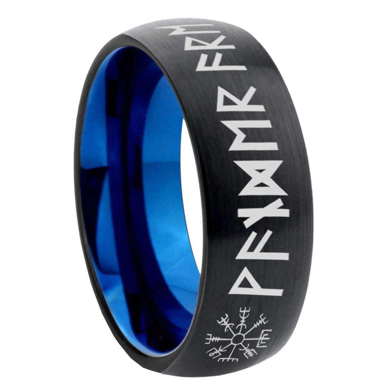 8mm Viking Two-Tone Classic Dome Black Blue Tungsten Engraved Ring