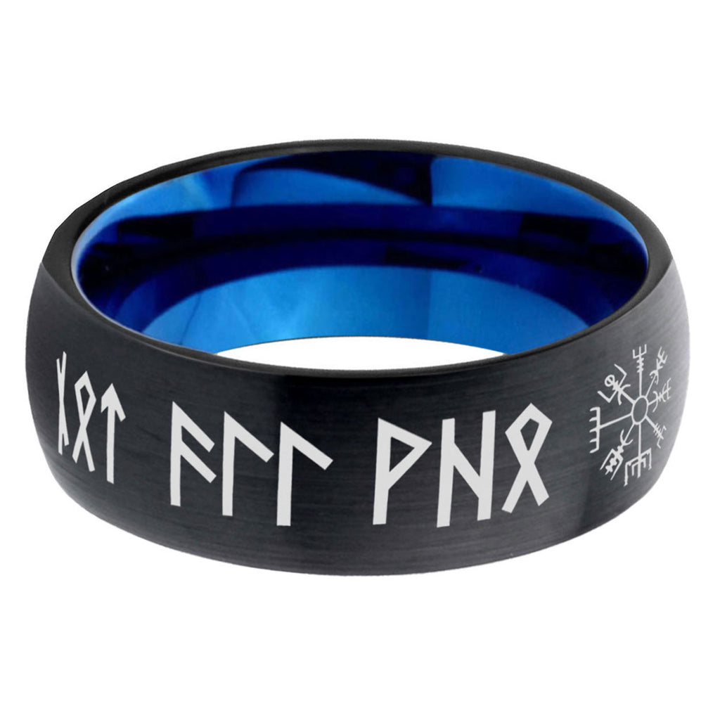 5mm Viking Two-Tone Classic Dome Black Blue Tungsten Engraved Ring