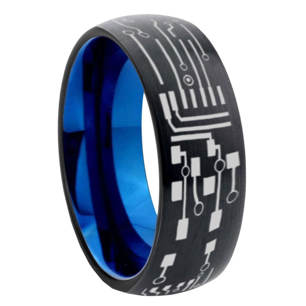 8mm Circuit Board Two-Tone Classic Dome Black Blue Tungsten Engraved Ring