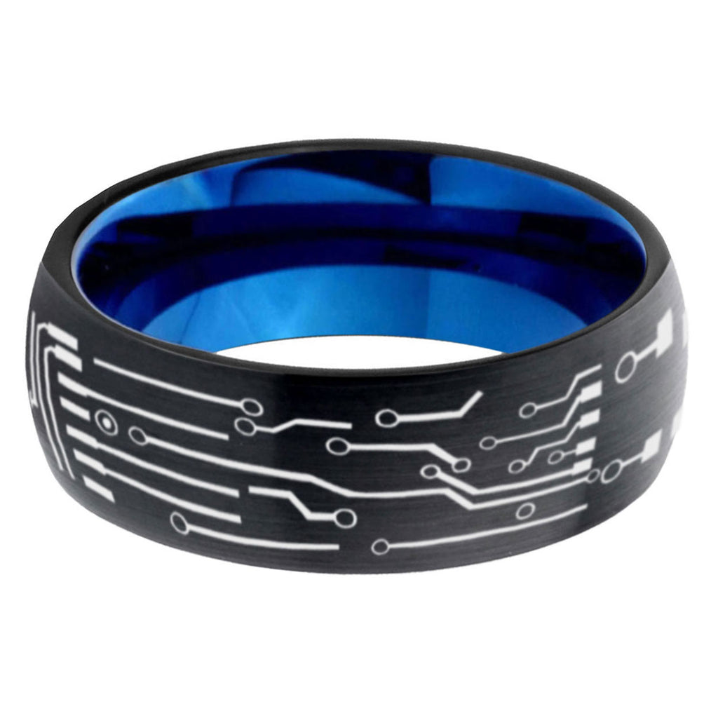 5mm Circuit Board Two-Tone Classic Dome Black Blue Tungsten Engraved Ring