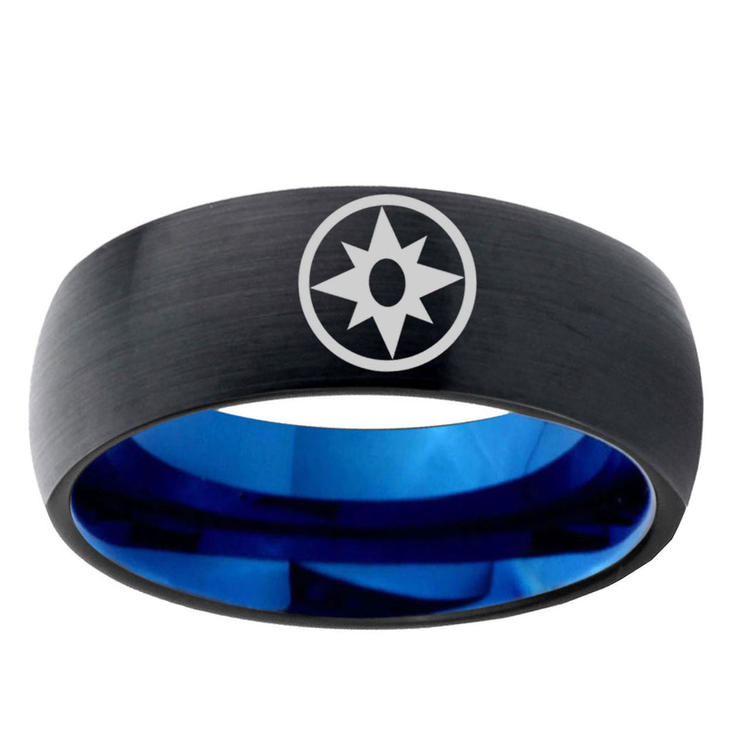 5mm Star Sapphire Lantern Two-Tone Classic Dome Black Blue Tungsten Engraved Ring