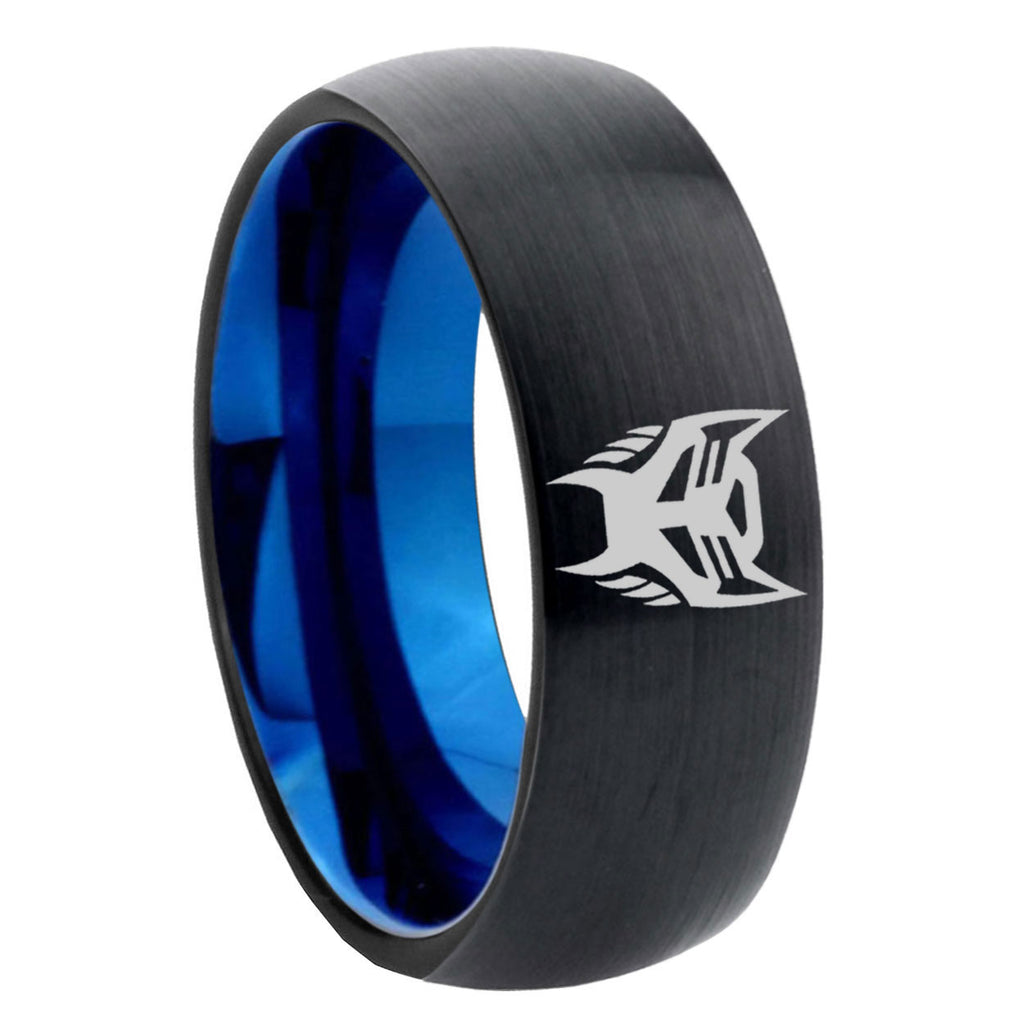 8mm Transformers Insignias Two-Tone Classic Dome Black Blue Tungsten Engraved Ring