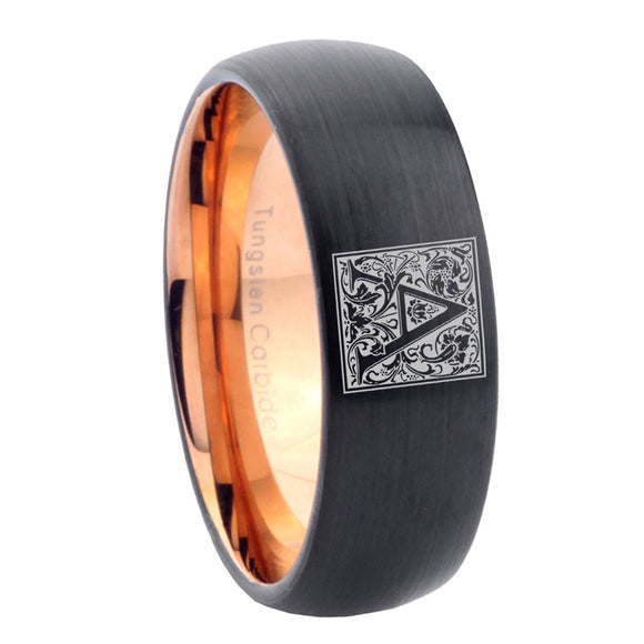 8mm-Dome-Black-and-Rose-Gold-Tungsten-Floral-Initial-Letter-A,-Monogram-Wedding-Band