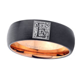 8mm-Dome-Black-and-Rose-Gold-Tungsten-Floral-Initial-Letter-E,-Monogram-Wedding-Band