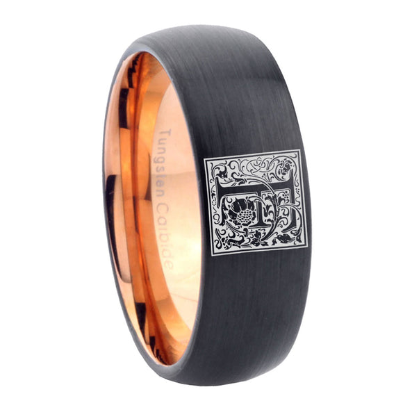 8mm-Dome-Black-and-Rose-Gold-Tungsten-Floral-Initial-Letter-F,-Monogram-Wedding-Band