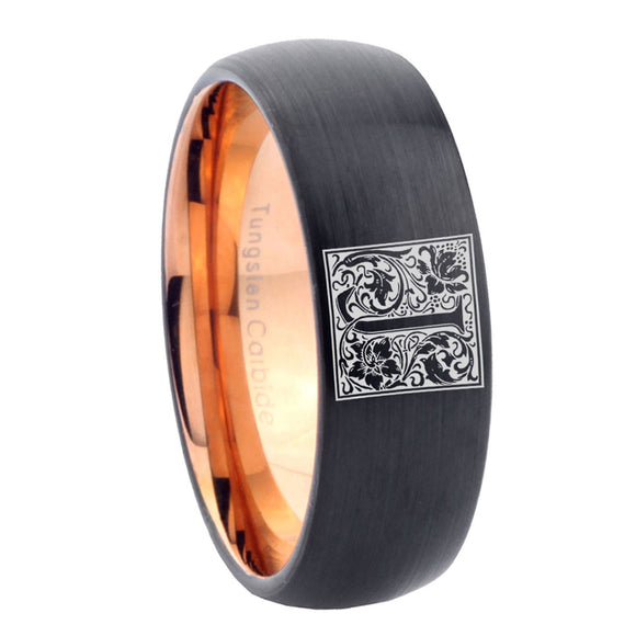8mm-Dome-Black-and-Rose-Gold-Tungsten-Floral-Initial-Letter-J,-Monogram-Wedding-Band