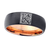 8mm-Dome-Black-and-Rose-Gold-Tungsten-Floral-Initial-Letter-K,-Monogram-Wedding-Band