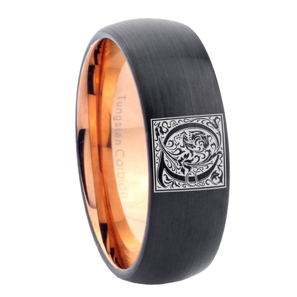 8mm-Dome-Black-and-Rose-Gold-Tungsten-Floral-Initial-Letter-Q,-Monogram-Wedding-Band