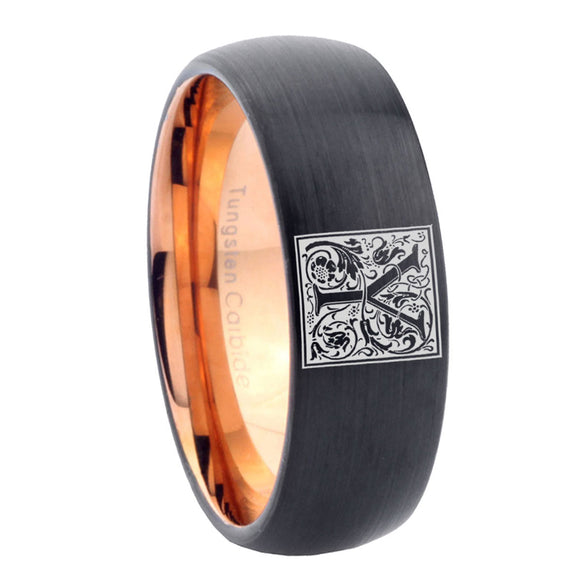 8mm-Dome-Black-and-Rose-Gold-Tungsten-Floral-Initial-Letter-Y,-Monogram-Wedding-Band