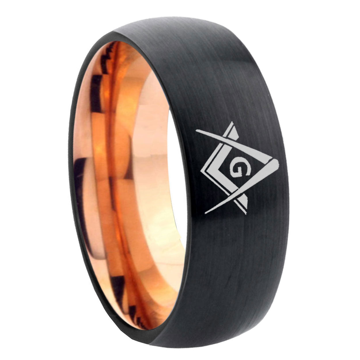 8mm Freemason Masonic Two-Tone Classic Dome Black Rose Gold Tungsten Wedding Band