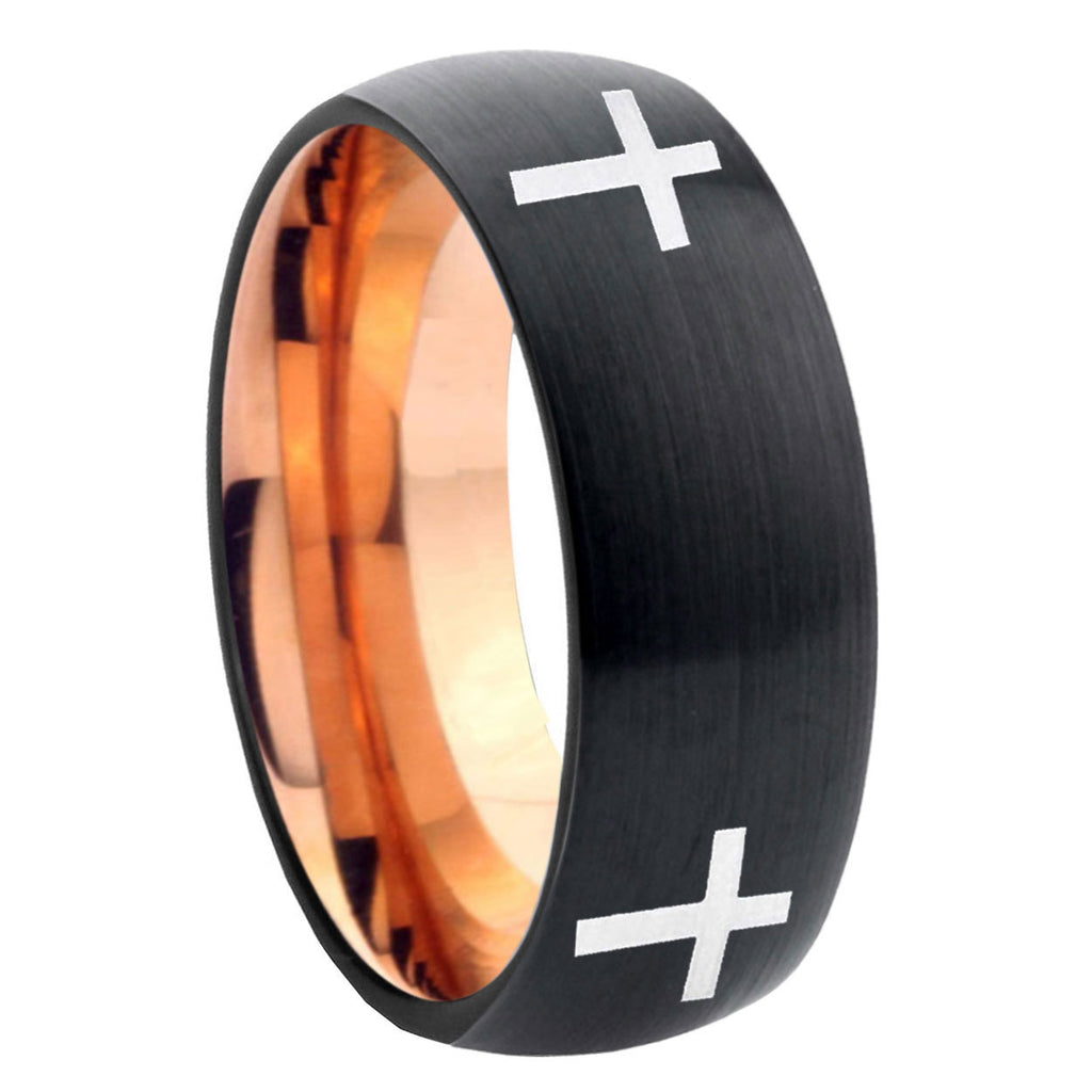 8mm Crosses Two-Tone Classic Dome Black Rose Gold Tungsten Wedding Band