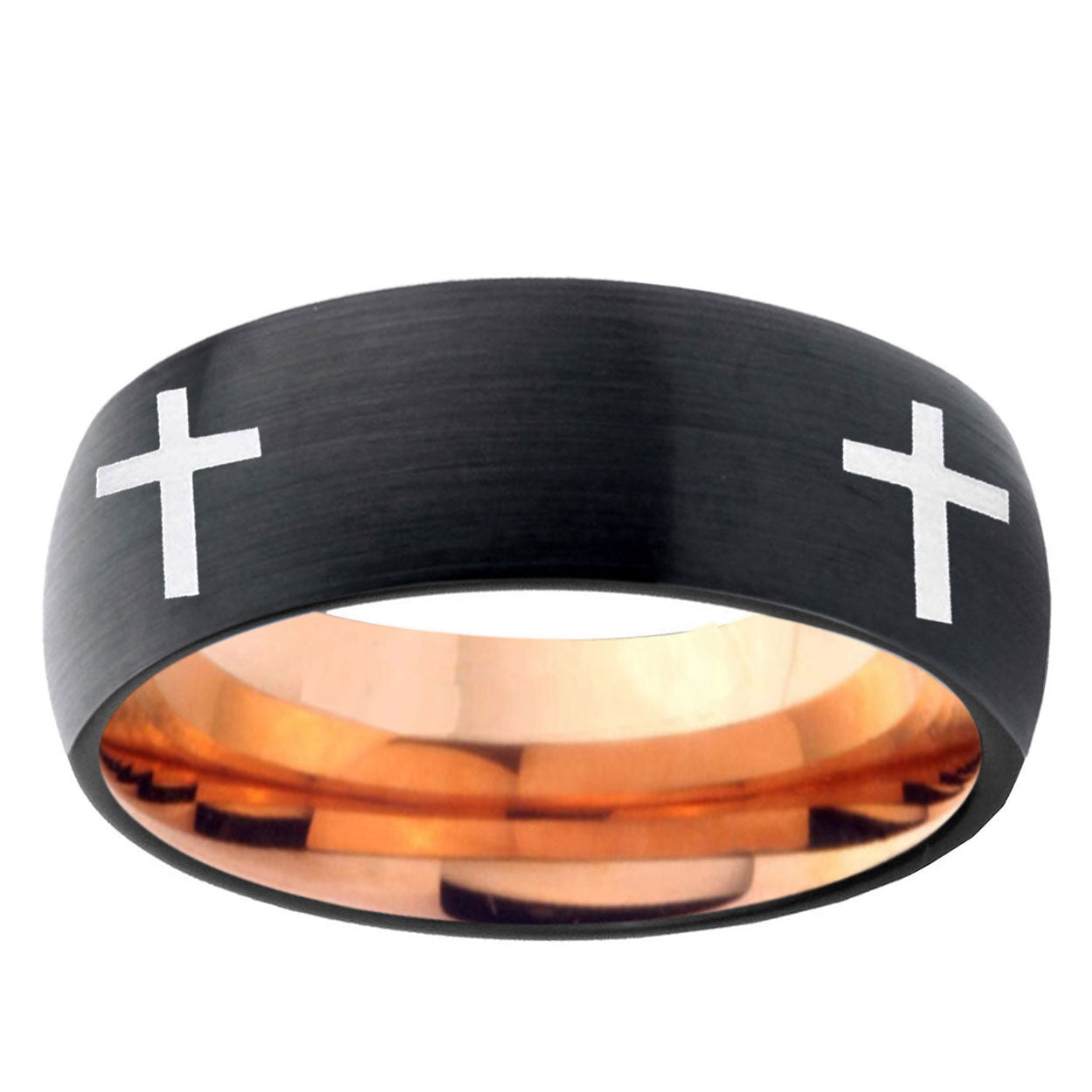 5mm Crosses Two-Tone Classic Dome Black Rose Gold Tungsten Wedding Band