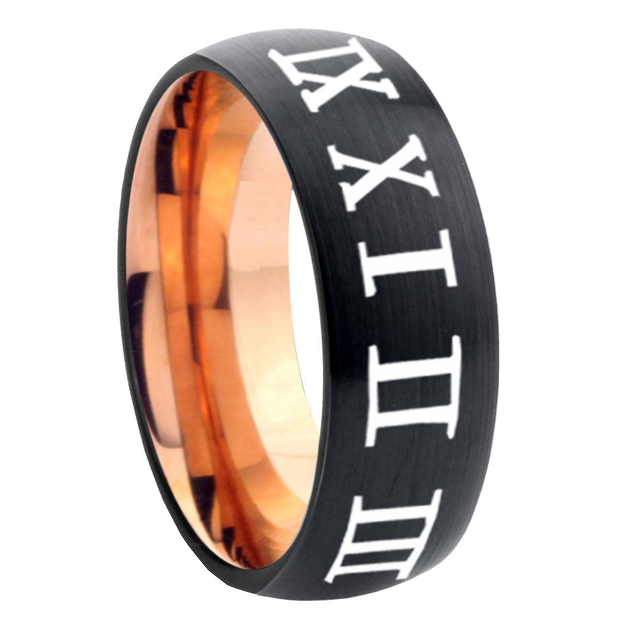 8mm Roman Numeral Two-Tone Classic Dome Black Rose Gold Tungsten Wedding Band