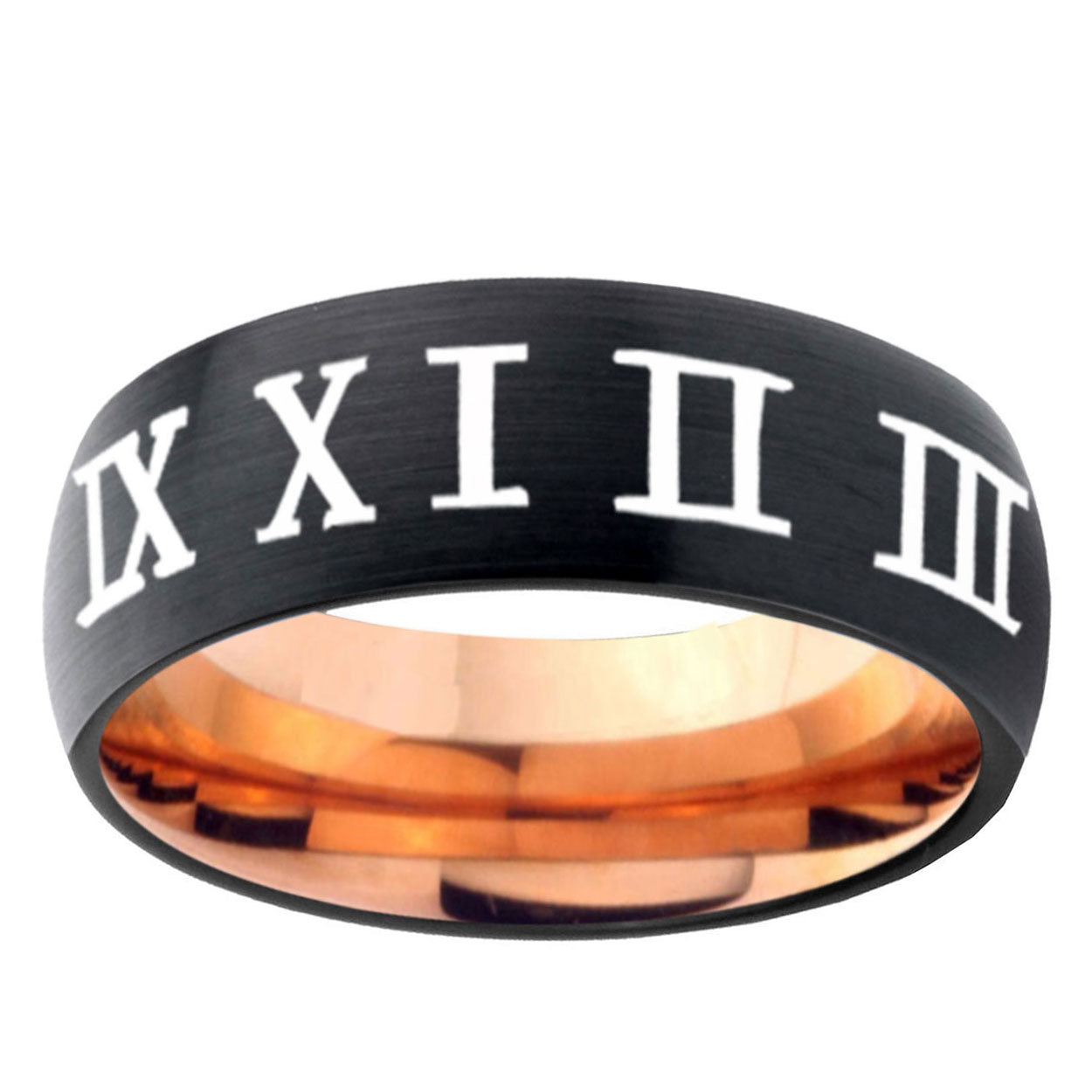5mm Roman Numeral Two-Tone Classic Dome Black Rose Gold Tungsten Wedding Band