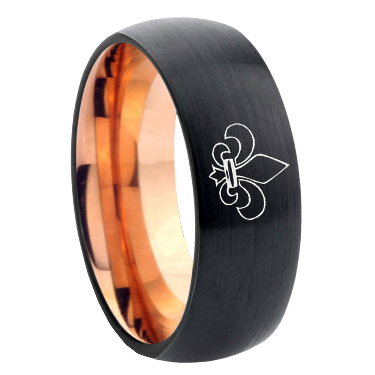 8mm Fleur-De-Lis Two-Tone Classic Dome Black Rose Gold Tungsten Wedding Band