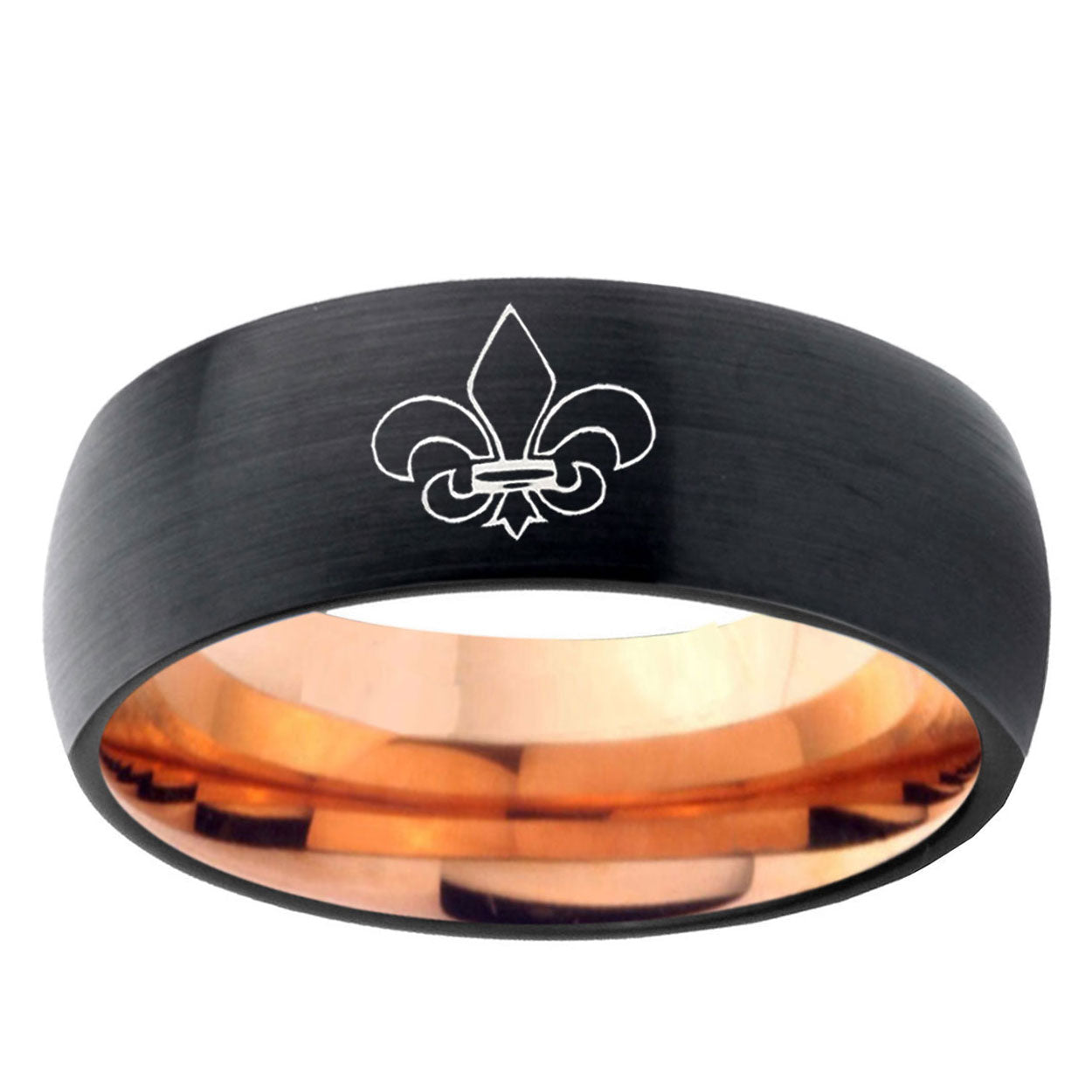 5mm Fleur-De-Lis Two-Tone Classic Dome Black Rose Gold Tungsten Wedding Band