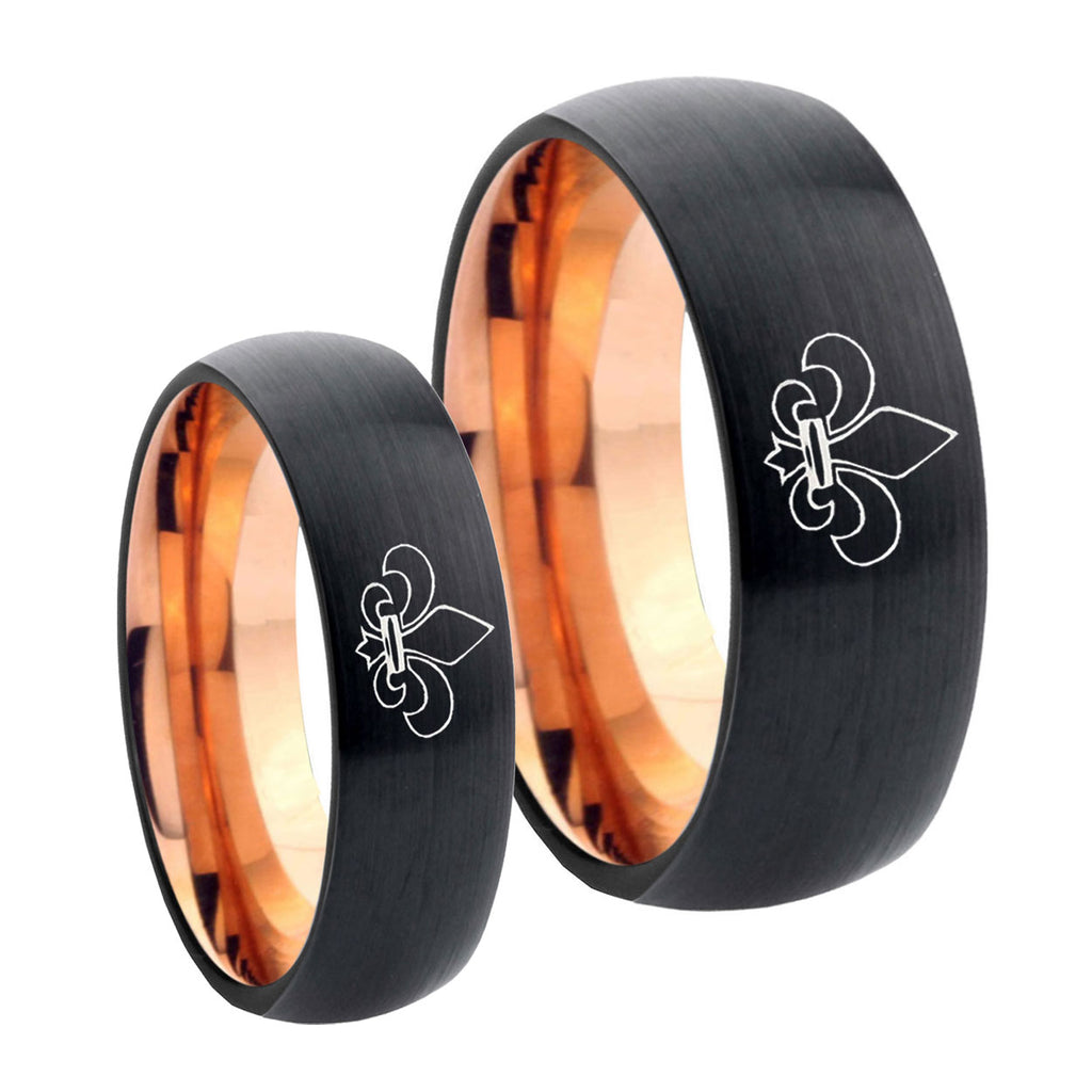 Fleur De Lis Dome Rose Gold Tungsten Mens Set Rings