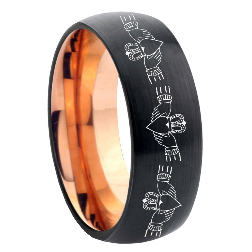 8mm Irish Claddagh Two-Tone Classic Dome Black Rose Gold Tungsten Wedding Band