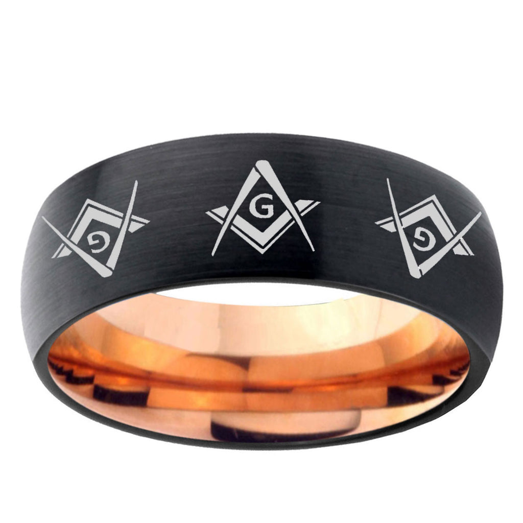 5mm Master Masonic Two-Tone Classic Dome Black Rose Gold Tungsten Wedding Band