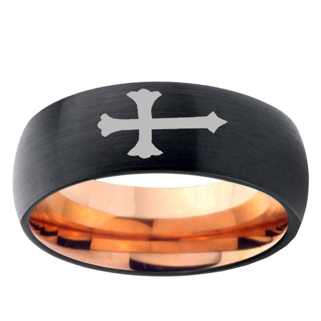 5mm Christian Cross Two-Tone Classic Dome Black Rose Gold Tungsten Wedding Band