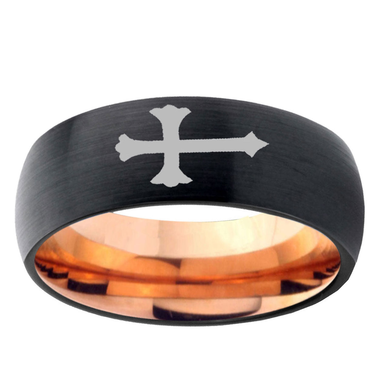 5mm Christian Cross Two-Tone Classic Dome Black Rose Gold Tungsten Wedding Band
