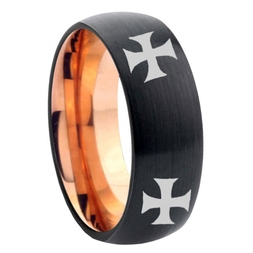 8mm 4 Maltese Cross Two-Tone Classic Dome Black Rose Gold Tungsten Wedding Band