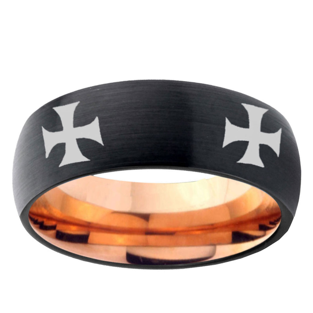5mm 4 Maltese Cross Two-Tone Classic Dome Black Rose Gold Tungsten Wedding Band