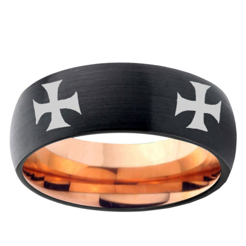 5mm 4 Maltese Cross Two-Tone Classic Dome Black Rose Gold Tungsten Wedding Band