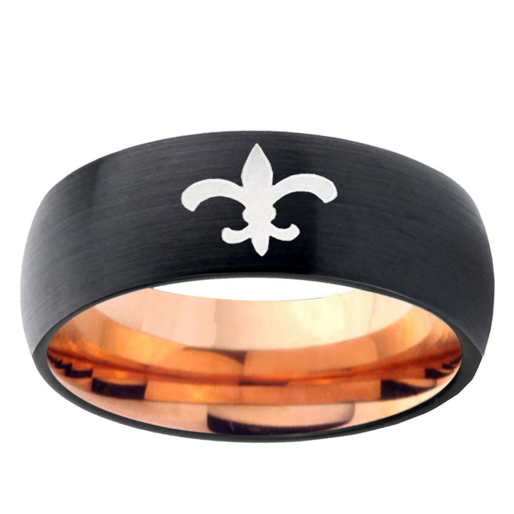 5mm Fleur-De-Lis Two-Tone Classic Dome Black Rose Gold Tungsten Wedding Band