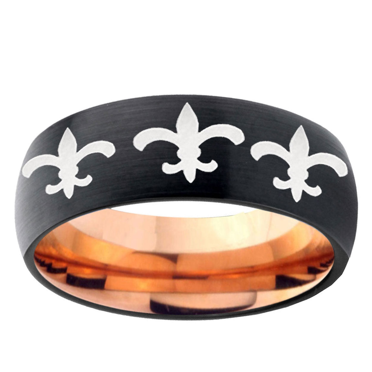 5mm Multi Fleur-De-Lis Two-Tone Classic Dome Black Rose Gold Tungsten Wedding Band