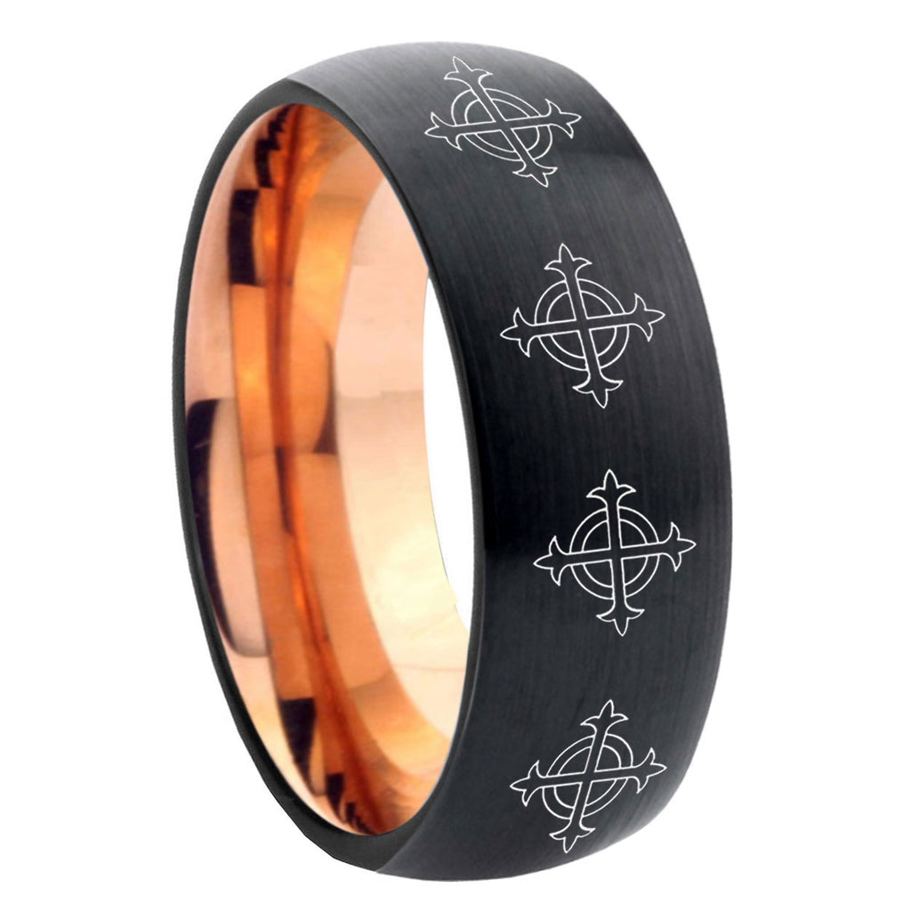 8mm Multiple Crosses Two-Tone Classic Dome Black Rose Gold Tungsten Wedding Band