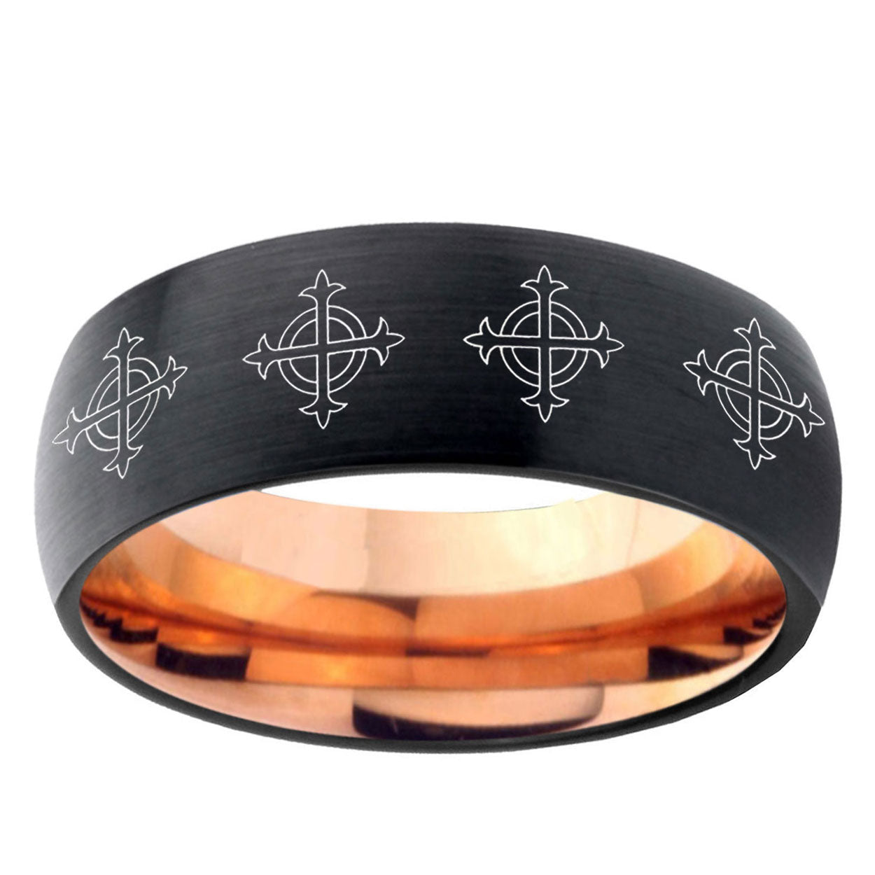 5mm Multiple Crosses Two-Tone Classic Dome Black Rose Gold Tungsten Wedding Band