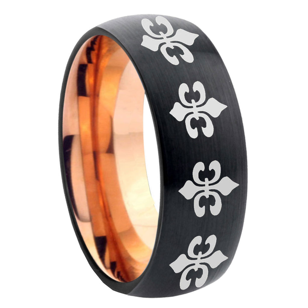 8mm Multi Fleur Delis Two-Tone Classic Dome Black Rose Gold Tungsten Wedding Band