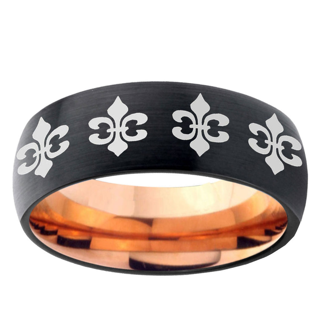 5mm Multi Fleur Delis Two-Tone Classic Dome Black Rose Gold Tungsten Wedding Band