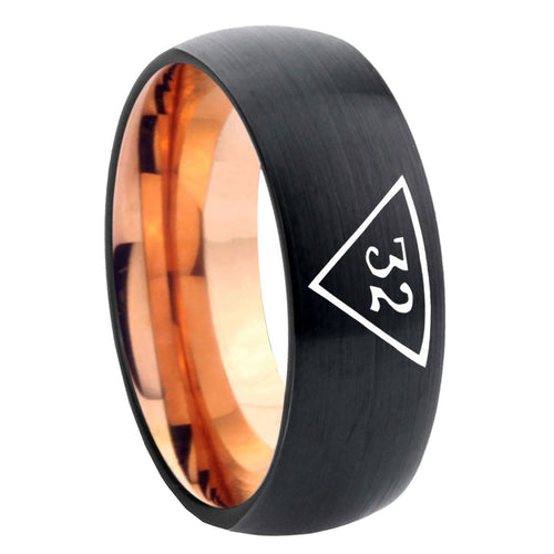 8mm 32 Masonic Triangle Two-Tone Classic Dome Black Rose Gold Tungsten Wedding Band