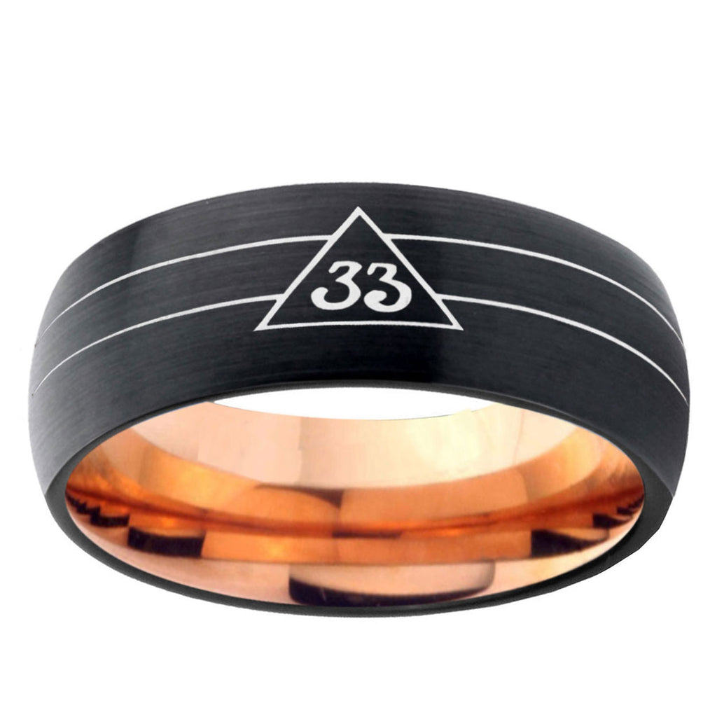 5mm Masonic 32 Duo Line Two-Tone Classic Dome Black Rose Gold Tungsten Wedding Band