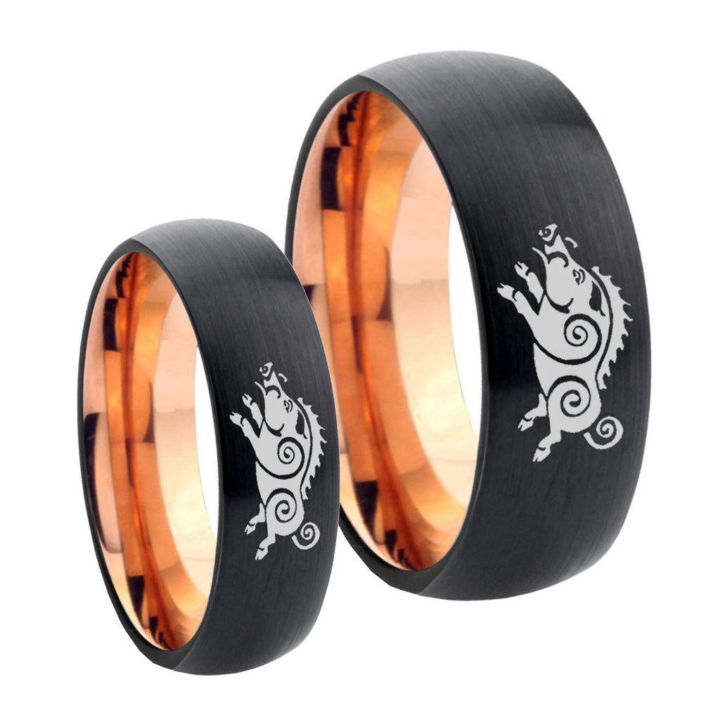 Wild Boars Dome Rose Gold Tungsten Bridal Set Rings