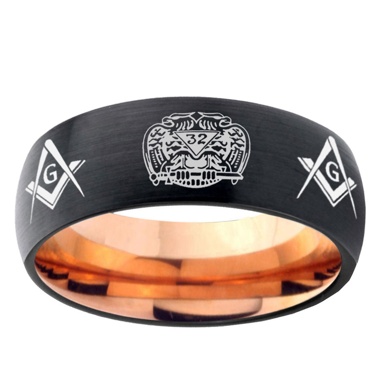 5mm Masonic 32 Design Two-Tone Classic Dome Black Rose Gold Tungsten Wedding Band